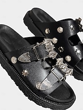 tanie Sandały typu slide-czarne sandały wsuwane damskie z metalową klamrą i ćwiekami – codzienne, modne obuwie plażowe z motywem nietoperza na Halloween, letnie wycieczki i relaks przy basenie