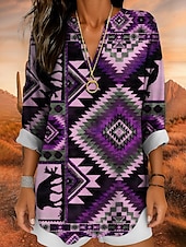 billige Kvinne Boho Topper-Dame Bluse Nyanse Grafisk Dyr Bohem Årgang Tropisk Langermet V-hals Vanlige topper Daglig Ferie Strand Klær Trykt mønster Rød Blå Lilla Grønn Sommer Vår