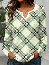 abordables T-shirt rayé et géométrique-Femmes T-shirt Graphique Géométrique Plaid ancien Élégant Classique manche longue Col en V Encolure en V Hauts Réguliers Quotidien Week-end Impression 3D Imprimé Vert Claire Rose Claire Bleu clair