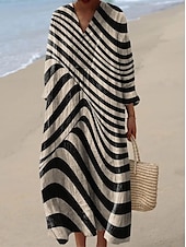 billige Stripete og geometriske kjoler-Dame Midikjole Solkjole Kjole med A-linje Ferie Fritid Bohem Ut på byen Strand Løstsittende Grafisk Geometrisk Stripe Langermet V-hals Aske Svart Gul Blå Sommer Vår