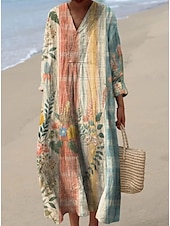 tanie Sukienki kwiatowe-Damskie Sukienka maxi Sukienka letnia Sukienka A line Urlop Codzienny Boho Impreza Wyjściowe Plaża Kwiaty Graficzny Długi rękaw W serek Szarozielony Rumiany róż Fioletowy Ecru Lato Wiosna