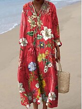 preiswerte Blumenkleider-Damen Maxikleid Sommerkleid A Linie Kleid Urlaub Lässig Boho Party Ausgehen Strand Blumen Grafik Langarm V Ausschnitt Schwarz Rosa Rote Grün Sommer Frühling