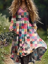 economico Abiti da vacanza-Per donna Abito maxi Abito a trapezio Vacanza Casual Boho Uscire Spiaggia Vestibilità comoda Floreale Grafico Geometrico Manica Lunga Scollo a V Rosa Blu Arancione Verde Primavera Autunno