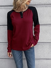 お買い得  ストライプ＆ジオメトリックTシャツ-女性用 ブラウス カラーブロック スタイリッシュ カジュアル 長袖 クルーネック レギュラートップス 日常 パッチワーク ボタン イエロー ワイン 夏 春