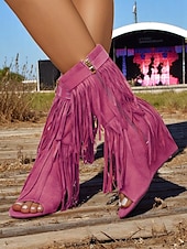 abordables Sandalias de Vacaciones-Botas de cuña con punta abierta de ante con flecos para mujer, con cremallera y detalle de candado: estilo bohemio para festivales, conciertos de música y eventos al aire libre.