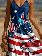cheap Independence Day Dress-Women&#039;s Patriotic  Maxi Dress A Line Dress Slip Dress Vacation Casual Daily Holiday Regular Fit Graphic American Flag Sleeveless V Neck Spaghetti Strap