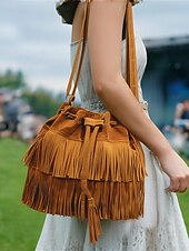 tanie Torby na ramię-damska torebka typu wiaderko ze sztucznego zamszu z frędzlami – boho torebka typu crossbody ze ściągaczem na niezobowiązujące wyjścia, festiwale i codzienne noszenie