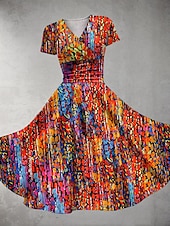 abordables Robes fleuries-Femmes Robe Midi Robe d&#039;été Robe ajustée et évasée Fête Occasionnel Quotidien Fête Coupe régulière Fleuri Graphique Manche Courte Col en V Bleu Fuchsia Orange Été