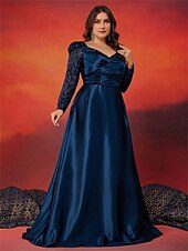 billiga BLÅ-A-Linje Plus Size Klänningar Elegant Curve Klänning Formell Bröllop Golvlängd Långärmad Hjärta Satin med Fållar 2025