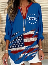 voordelige Onafhankelijkheidsdag Top-Vrouwen Patriottische Blouse Grafische Vlag Vintage Tropisch Hawaïaans Lange Mouwen V-hals Reguliere Tops Dagelijkse Vakantie Strandkleding Print Zwart Wit Rood Blauw Zomer Lente