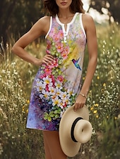cheap Floral Dress-Women&#039;s Mini Dress Sundress Shift Dress Off The Shoulder Dress Vacation Casual Going out Regular Fit Floral Graphic Sleeveless V Neck Yellow Red Blue Purple Summer Spring