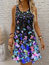 ieftine Animale rochii-Pentru femei Rochie Mini Rochie casual Rochie de Vară Rochie A line Rochie cu umeri Vacanță Casual Concediu Plajă Fit regulat Ombre Grafic Fluture Fără manșon Stil Nautic Scoateți gâtul Colourful