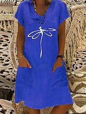 abordables Robes Bohémiennes-Femmes Robe Midi Robe en lin Robe Décontractée Robe bohème Robe Imprimée Élégant Mode Classique Manches bouffantes Vacances Fête Robe d&#039;Automne Coupe régulière Lettre Abstrait Manche Courte Col en V
