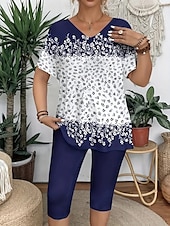 abordables Ensembles courts pour femmes-Femmes Mode T-shirt Ensembles de Shorts Manche Courte Col en V Fleuri Graphique Géométrique Imprimé Décontracté Quotidien Noir Bleu Roi Bleu Été Coupe régulière