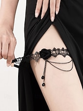 abordables Accesorios de Halloween-Liga elástica de encaje gótico con rosas para mujer, con cadenas y cuentas, joyería elástica vintage para muslos, ideal para fiestas de Halloween y cosplay.