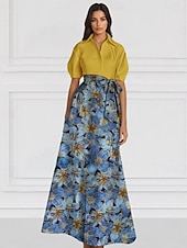 economico FLORALI-Abito da sera elegante A-Line in broccato jacquard floreale con colletto a camicia e tasca in nylon con tasca