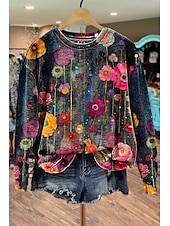 billige Boho topper-Dame Genser med genser Blomstret Grafisk Fritid Langermet Crew-hals Vanlige topper Gate Hverdag Avslappet Trykt mønster Svart Rosa Blå Oransje Grå Vår Høst Vinter