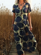 cheap Boho Dress-Women&#039;s Maxi Dress Sundress A Line Dress Vacation Casual Boho Going out Regular Fit Floral Graphic Paisley Short Sleeve V Neck Pink Blue Green Dark Blue Summer Spring
