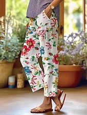 abordables Pantalon droit-Femmes Chinos Vacances ancien Style Ethnique Longueur cheville Taille haute Fleuri Graphique Rayure Bandes Respirant Doux Extérieur Micro-Élastique Extérieur Vacances Occasionnel Rose violet Blanche