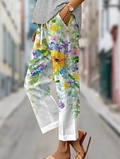 abordables Pantalon droit-Femmes Chinos Vacances ancien Style Ethnique Longueur cheville Taille haute Fleuri Graphique Rayure Bandes Respirant Doux Extérieur Micro-Élastique Extérieur Vacances Occasionnel Rose violet Blanche