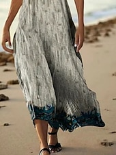 preiswerte Druck Blumen Kleider-Damen Langes Kleid Maxikleid Freizeitkleid Trägerkleid Sommerkleid afrikanisch Täglich Ferien Strand Normale Passform Blumen Ärmellos V Ausschnitt Grau Sommer