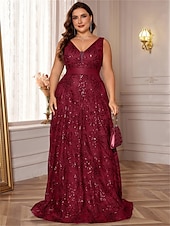 preiswerte SCHWARZ-A-Linie Plus Size Kleider Elegantes Kurvenkleid Formelles Hochzeitskleid Bodenlang Ärmellos V-Ausschnitt Spitze mit Pailletten 2025