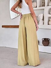 abordables jambe large et taille haute-Femmes Culottes Jambe Large Évasé Élégant Vacances ancien Long Taille Moyenne Cordon de serrage Classique Stylé Micro-Élastique Ivoire Bleu Kaki Été Printemps Automne Coupe Ample