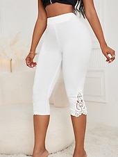 preiswerte Einfarbige Leggings-Damen Caprihose Leggings Streetwear Lässig Wadenlang Natürliche Taille Einfach Spitze Elastischer Bund Bequem Außenbereich Outdoor Urlaub Athleisure Weiß Sommer Normale Passform