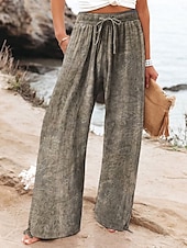 abordables jambe large et taille haute-Femmes Culottes Jambe Large Jambe large Chinos Vacances ancien Mode Longueur complète Taille haute Graphique Feuille Motif Ceinture Élastique Impression Respirant Doux Micro-Élastique Vacances Rue