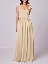 baratos Vestidos para Madrinhas-Vestido de madrinha linha A, alças, sem mangas, elegante, longo, chiffon, com pregas / franzido, 2025