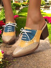 abordables Années 1950-Mules à talons Oxford colorblock pour femmes – chaussures brogues rétro à bout golf pour les amatrices de vintage, les tenues de bureau et les sorties décontractées