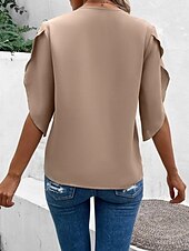 お買い得  レーストップ-女性用 レーススプライシングトップ 純色 エレガント スタイリッシュ ベーシック 七分袖 Ｖネック レギュラートップス 日常 レース パッチワーク ブラック ルビーレッド カーキ色 夏 春
