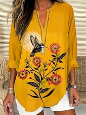 preiswerte Blumenoberteile-Damen Bluse Langarm Tuniken Floral Grafik 3D Bohemia Vintage Tropical V-Ausschnitt Reguläre Tops Tagesurlaub Strandmode Druck Weiß Gelb Rot Violett Sommer Frühling