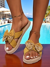 cheap Vacation Sandals-Women&#039;s Floral Bow Slip-On Rope Sandals – Cute Summer Beach Slides with Woven Sole for Vacations, Garden Parties, and Casual Daily Wear