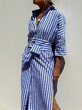 abordables concevoir des robes en coton et lin-Femmes Robe Midi Robes inspirées du lin Robe Chemise Robe Décontractée Mode Moderne Quotidien Plage Week-end Coupe régulière Rayé manche longue Col de chemise Rose Claire Marron clair Bleu Ét