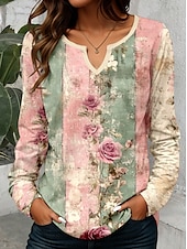 preiswerte Boho-T-Shirt-Damen T Shirt Blumen Grafik Pflanzen Vintage Stilvoll Klassisch Langarm V Ausschnitt Einkerbiger Ausschnitt Normale Oberteile Täglich Druck Khaki Rosa Leicht Blau Frühling Herbst