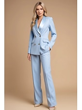 preiswerte Hosenanzüge für Mama-Blauer Zweiteiliger Hosenanzug Mutter der Braut Hochzeit Elegant Vintage Minimalistisch Revers Bodenlang Stretch-Stoff Langarm mit Knöpfen