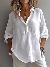 preiswerte Hemden-Damen Weiße Baumwollbluse Einfarbig Basic Lässig Langarm Hemdkragen Normale Oberteile Täglich Knöpfe Weiß Rosa Purpur Grün Sommer