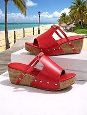 abordables Sandales de Vacances-Sandales compensées en liège noir et blanc pour femmes avec des accents de strass, chaussures d&#039;été décontractées à enfiler pour les sorties à la plage et les tenues de vacances