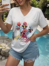 billige Dyrene tee-Dame T skjorte Blomstret Grafisk Dyr Årgang Stilfull Klassisk Kortermet V-hals Vanlige topper Daglig Trykt mønster Svart Hvit Rosa Rød Blå Sommer Vår