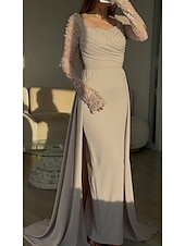 preiswerte Sekt-Meerjungfrau/Trompete Abendkleid Galakleid mit abnehmbarem Überrock formelles Kleid Stretch-Crêpe Hochzeit bodenlang Langarm quadratischer Ausschnitt Spitze mit Falten Perlen Pailletten Spitze 2025