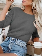 baratos Blusas Simples Femininas-Mulheres Camisa Social Côr Sólida à moda Casual Manga 3/4 Decote Canoa Tops regulares Diário Branco Rosa Bege Cinzento Primavera Outono