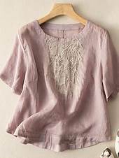 ieftine Cămăși-Pentru femei Cămăși Bumbac In Culoare solidă Elegant Stilat De Bază Manșon scurt Stil Nautic Topuri obișnuite Zilnic Brodat Roz Îmbujorat Mov Caisă Vară Primăvară
