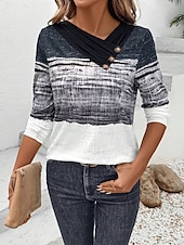 billige Stripe og geometrisk t-skjorte-Dame T skjorte Grafisk Stripet Årgang Stilfull Klassisk Langermet Asymmetrisk hals Vanlige topper Daglig Helg Trykt mønster Svart Sommer