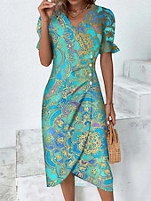 abordables Robe Rayée et Géométrique-Femmes Robe Midi Robe fourreau Robe Portefeuille Occasionnel Quotidien Fête Coupe Ample Graphique Géométrique Manche Courte Col en V Bleu Fuchsia Orange Bleu de minuit Été Printemps