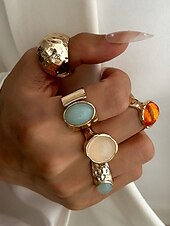 billige Kvinneringer-Damesett med vintage edelstener i gull – sett med flere statement-ringer med klumpete tekstur og fargerike harpiks-edelstener, egnet for kontor, vintage-mote, fest og hverdagsstil