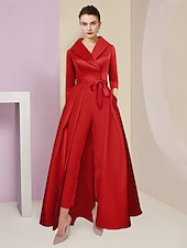 abordables Combinaisons pour maman-Combinaison  Tailleur Mère de la Mariée Tuxedo Invité de Mariage Élégant Party Simple Col Chemise Longueur Cheville Satin Manches 3/4 avec Nœud(s) 2025 taille personnalisée gratuite