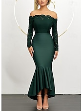 billige Gjestekjoler til bryllup-Havfrue  Trompet Bryllups Gjest Kjoler Elegant Kjole Bryllups Gjest Forlovelse Asymmetrisk Lange Ermer Off Shoulder Lace med Rysjer