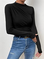 preiswerte Einfarbiges T-Shirt-Damen Bluse Einfarbig Elegant Stilvoll Basic Langarm Rundhalsausschnitt Normale Oberteile Täglich Gerafft Schwarz Weiß Braun Hellgrau Aprikose Sommer Frühling