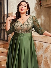 economico VERDE-Abito da sera A-Line elegante abito formale da matrimonio lungo fino al pavimento maniche a 3/4 scollo a V satinato schiena a V con pieghe